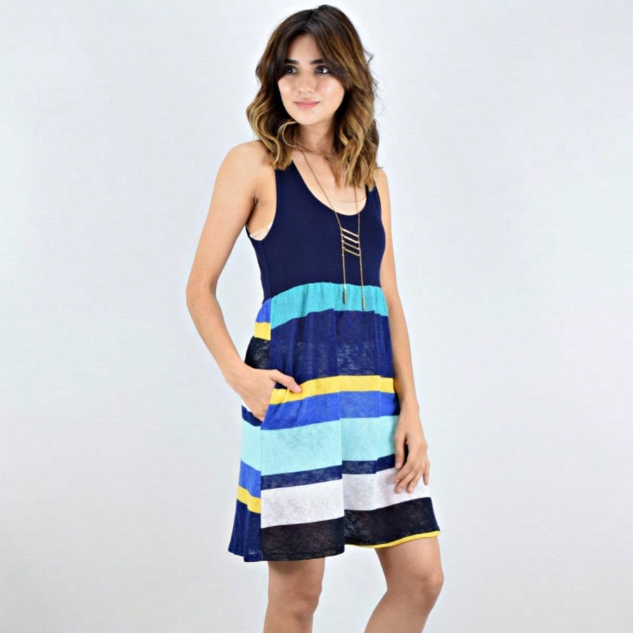 Boho Vintage Chevron Stripe Pink Yellow Navy Sleeveless Mini Poolside Cover Up Dress Small To 3 XL Plus