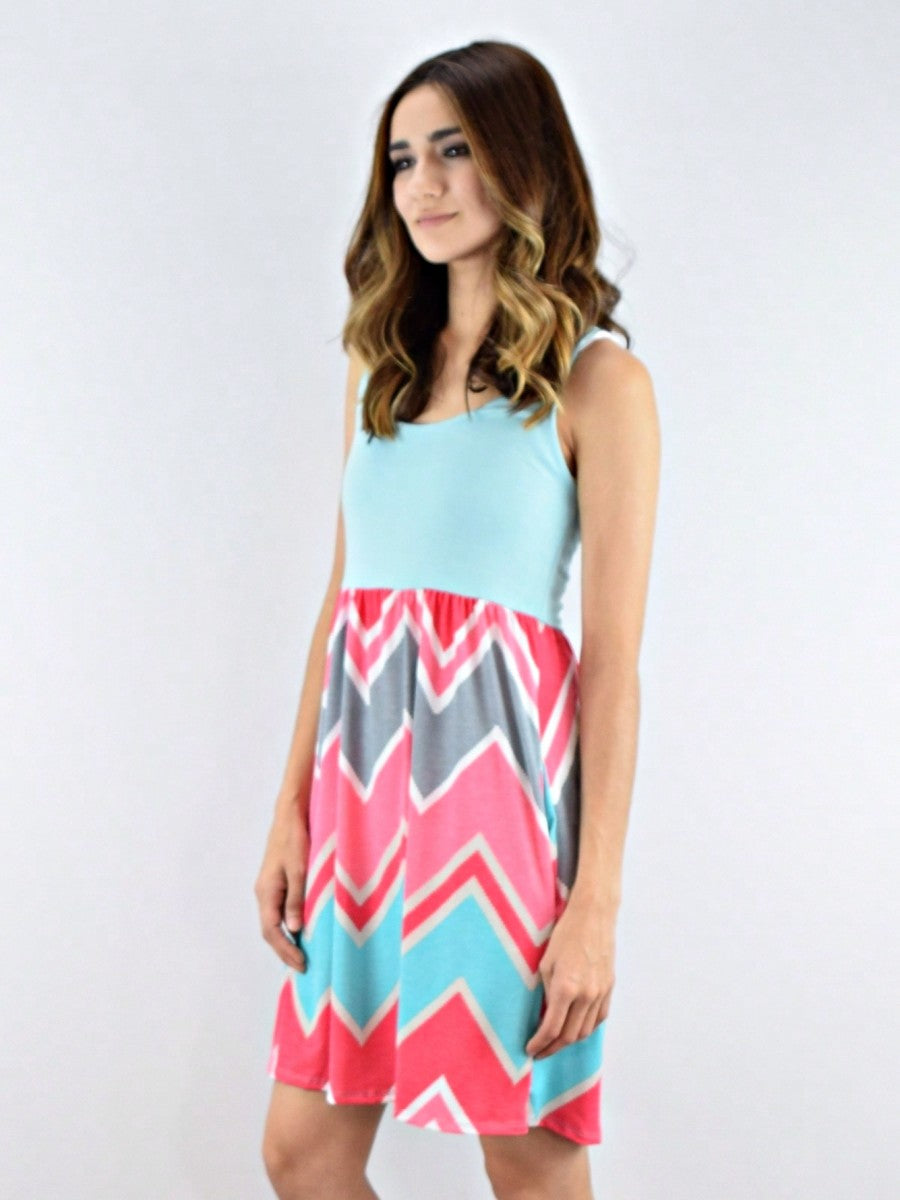 Boho Vintage Chevron Stripe Pink Yellow Navy Sleeveless Mini Poolside Cover Up Dress Small To 3 XL Plus