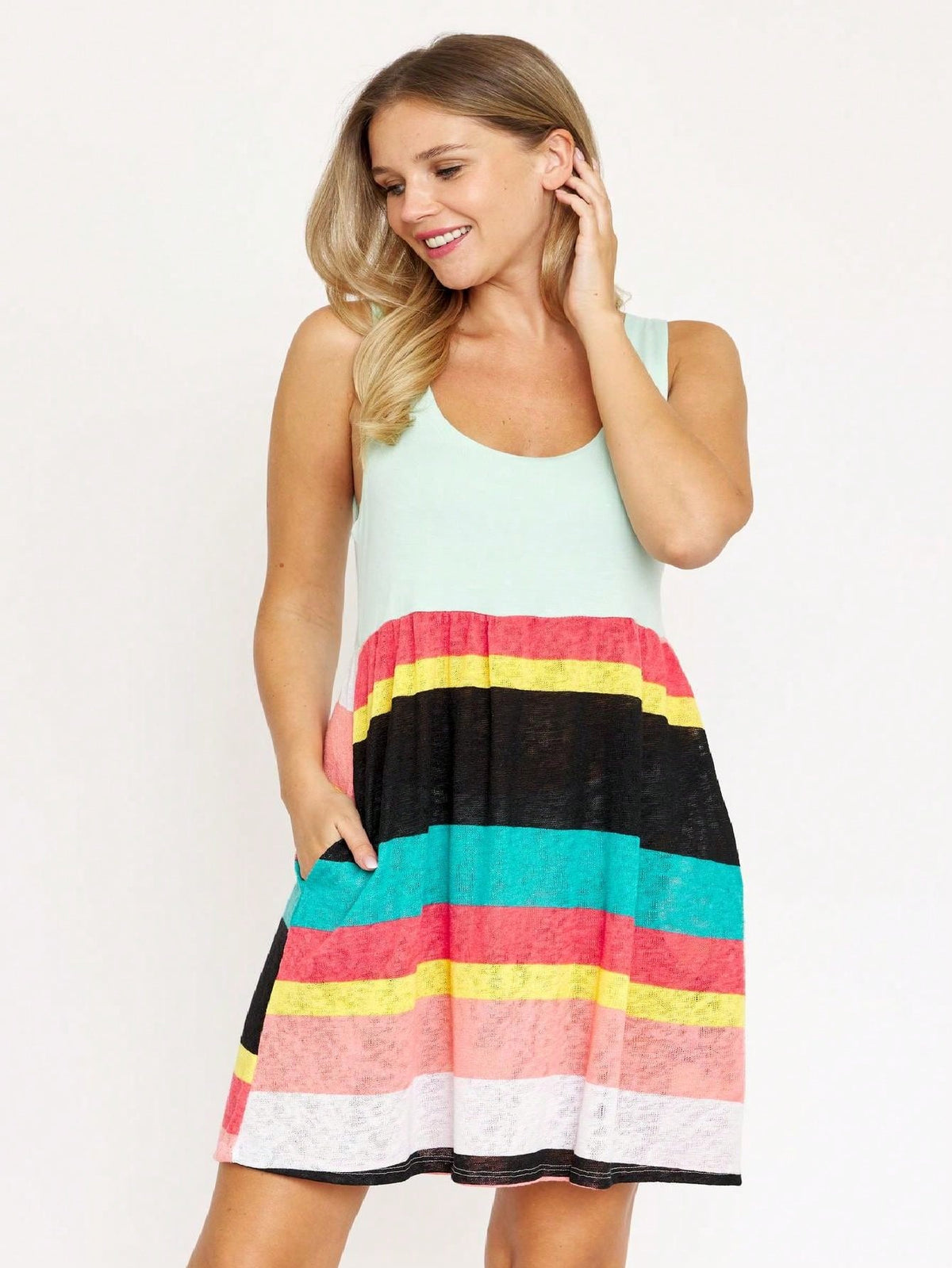 Boho Vintage Chevron Stripe Pink Yellow Navy Sleeveless Mini Poolside Cover Up Dress Small To 3 XL Plus