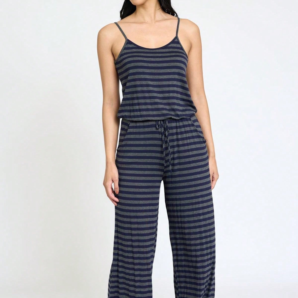 Boho Casual Teal Navy Blue Stripe Tank Cami Spaghetti Strap Wide Leg Jumpsuit Small To 3 XL PLUS