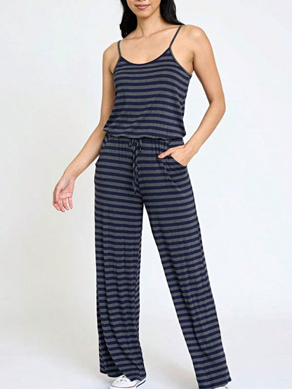Boho Casual Teal Navy Blue Stripe Tank Cami Spaghetti Strap Wide Leg Jumpsuit Small To 3 XL PLUS