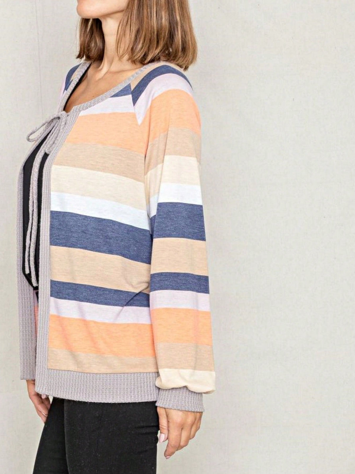 Boho Retro Olive Orange String Ribbon Bow Front Stripe Puff Raglan Shoulder Light Weight Cardigan Small To 3 XL PLUS