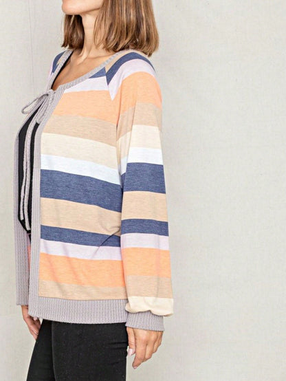 Boho Retro Olive Orange String Ribbon Bow Front Stripe Puff Raglan Shoulder Light Weight Cardigan Small To 3 XL PLUS
