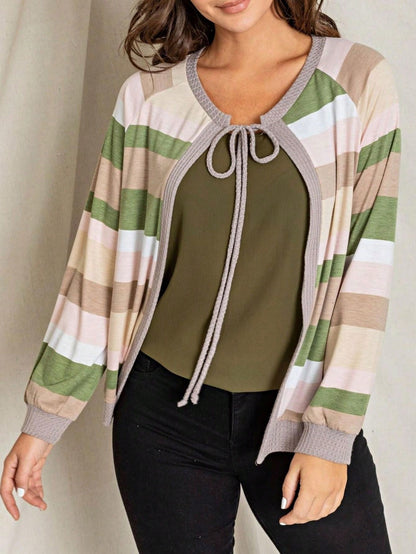 Boho Retro Olive Orange String Ribbon Bow Front Stripe Puff Raglan Shoulder Light Weight Cardigan Small To 3 XL PLUS