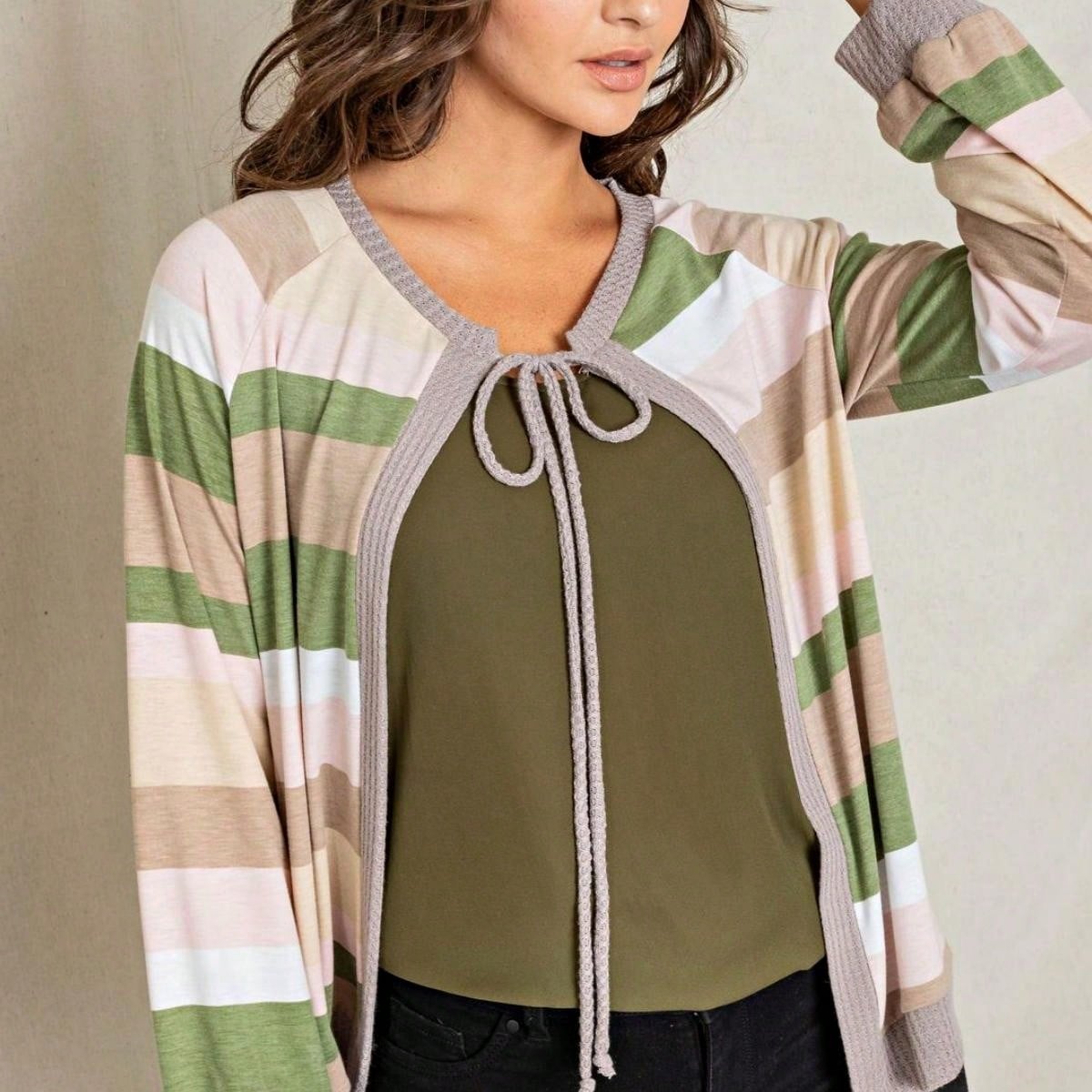 Boho Retro Olive Orange String Ribbon Bow Front Stripe Puff Raglan Shoulder Light Weight Cardigan Small To 3 XL PLUS
