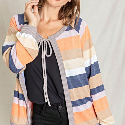 Boho Retro Olive Orange String Ribbon Bow Front Stripe Puff Raglan Shoulder Light Weight Cardigan Small To 3 XL PLUS