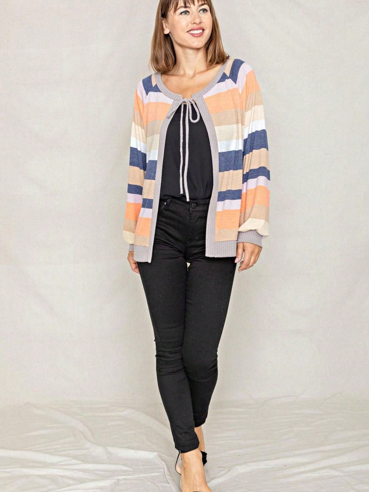 Boho Retro Olive Orange String Ribbon Bow Front Stripe Puff Raglan Shoulder Light Weight Cardigan Small To 3 XL PLUS