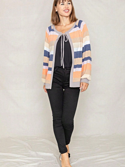 Boho Retro Olive Orange String Ribbon Bow Front Stripe Puff Raglan Shoulder Light Weight Cardigan Small To 3 XL PLUS