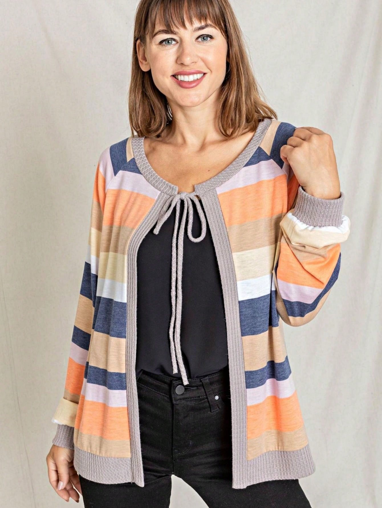 Boho Retro Olive Orange String Ribbon Bow Front Stripe Puff Raglan Shoulder Light Weight Cardigan Small To 3 XL PLUS