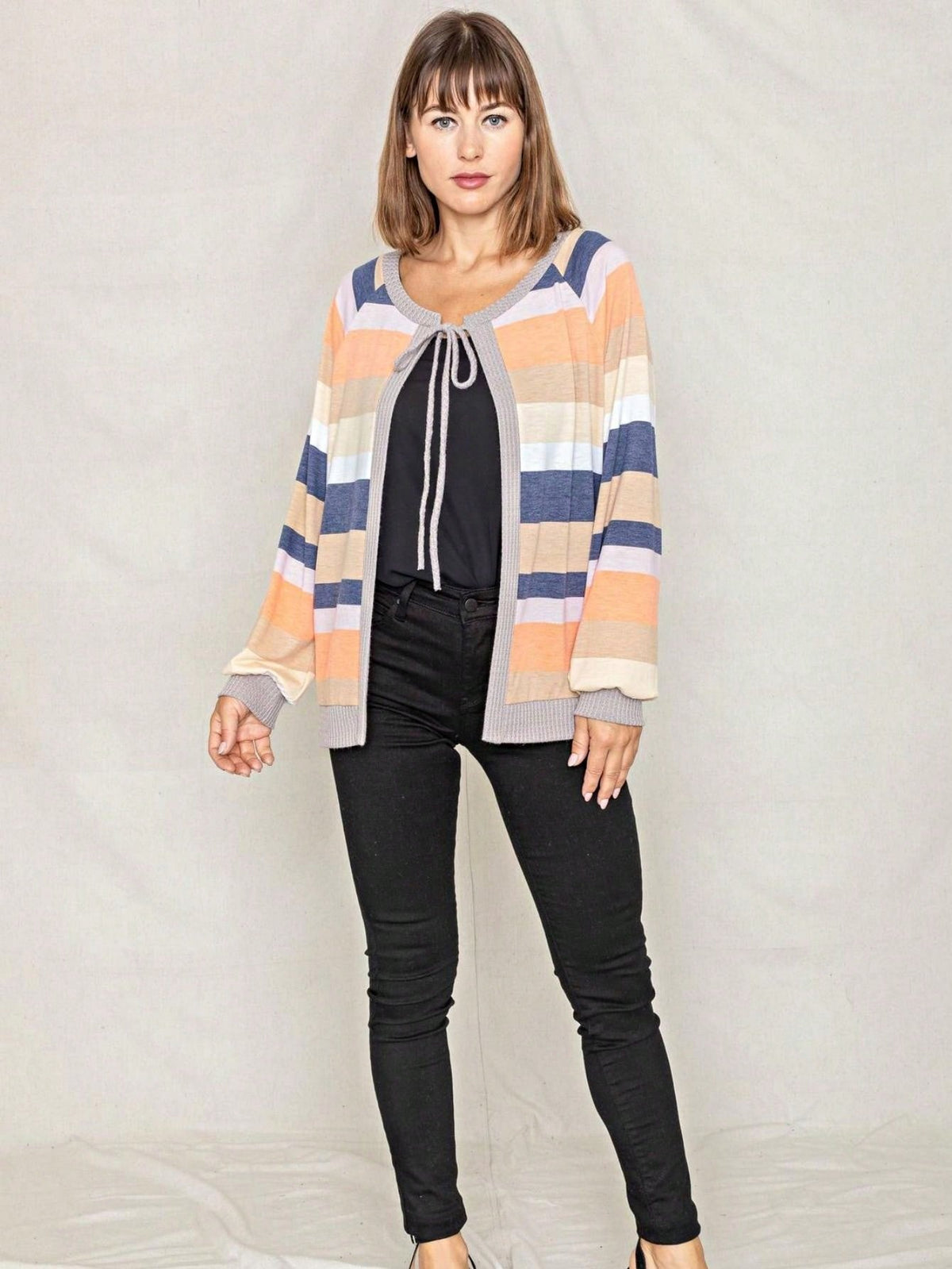 Boho Retro Olive Orange String Ribbon Bow Front Stripe Puff Raglan Shoulder Light Weight Cardigan Small To 3 XL PLUS