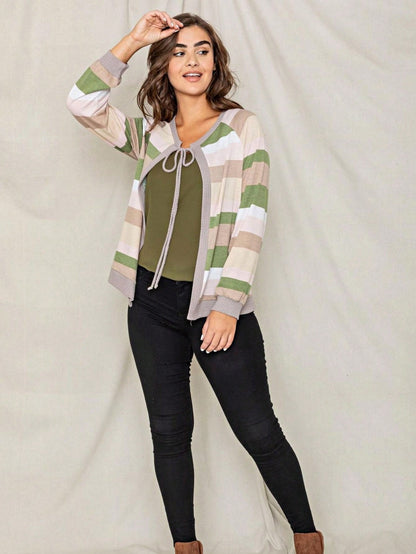 Boho Retro Olive Orange String Ribbon Bow Front Stripe Puff Raglan Shoulder Light Weight Cardigan Small To 3 XL PLUS