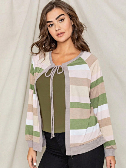 Boho Retro Olive Orange String Ribbon Bow Front Stripe Puff Raglan Shoulder Light Weight Cardigan Small To 3 XL PLUS
