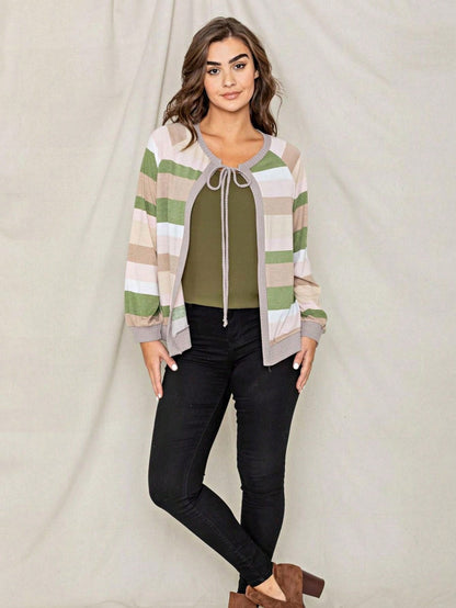 Boho Retro Olive Orange String Ribbon Bow Front Stripe Puff Raglan Shoulder Light Weight Cardigan Small To 3 XL PLUS