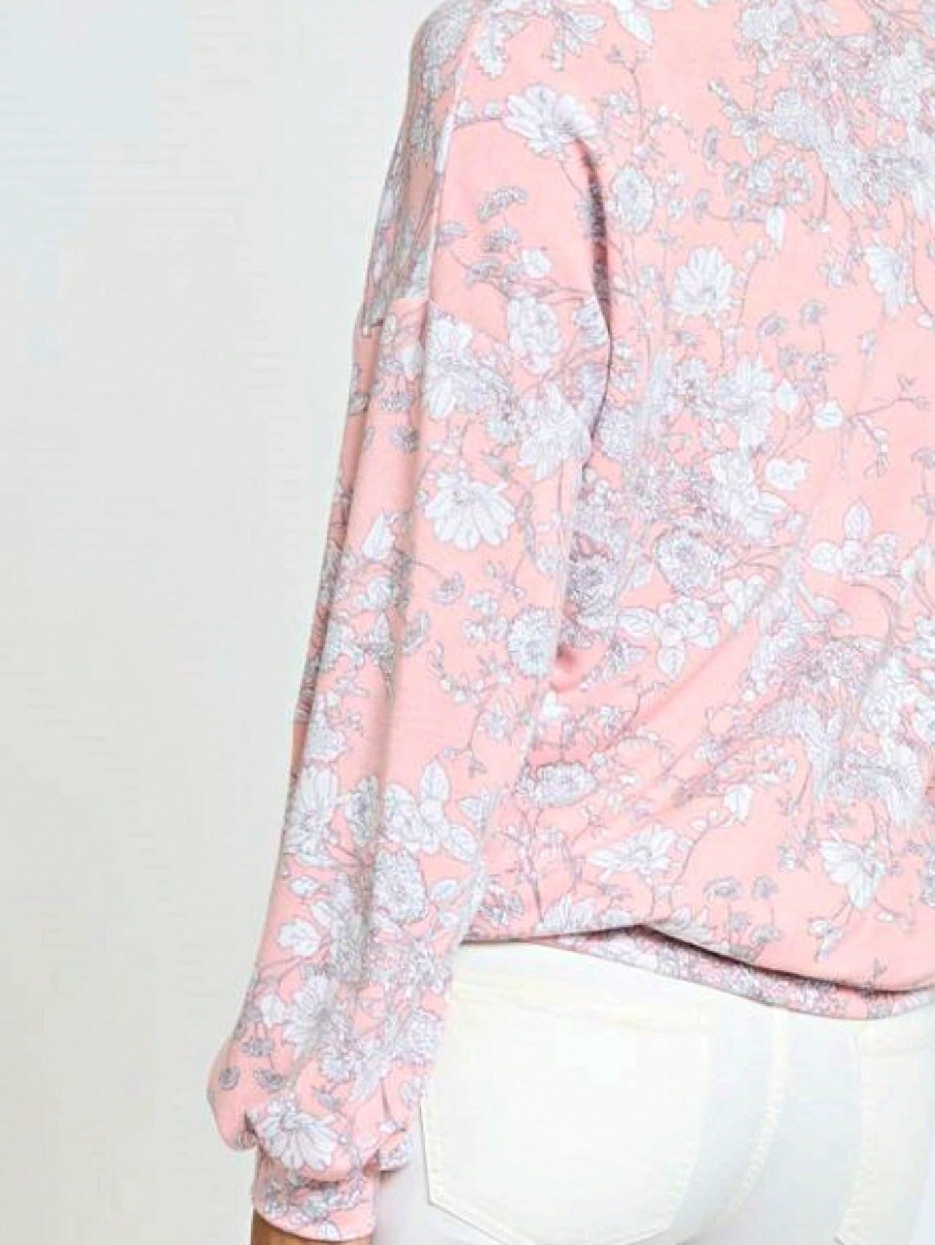 Boho Retro Peach Khaki Beige Floral Button  Puff Drop Shoulder Light Weight Terry Cardigan Small To 3 XL PLUS