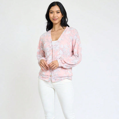 Boho Retro Peach Khaki Beige Floral Button  Puff Drop Shoulder Light Weight Terry Cardigan Small To 3 XL PLUS