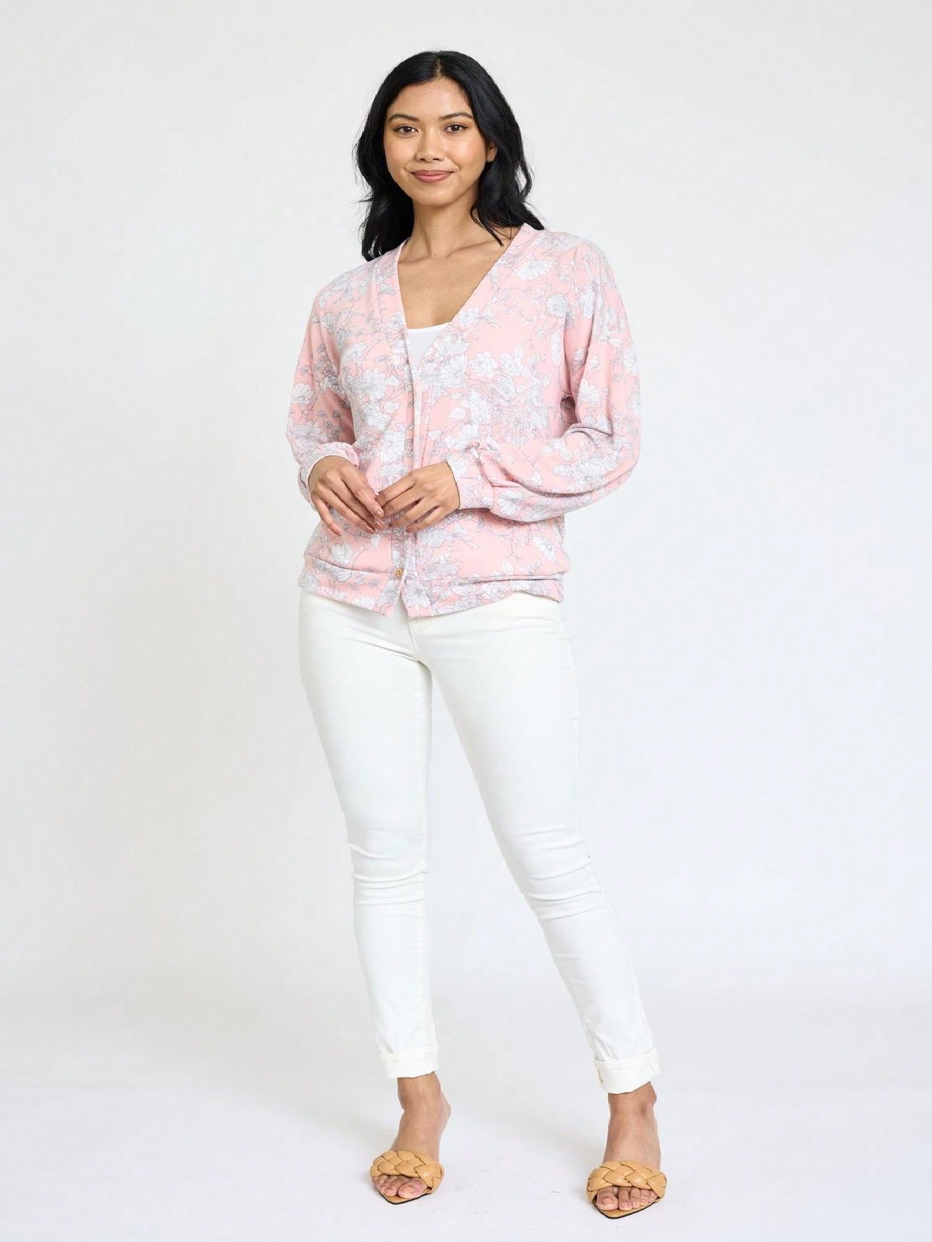 Boho Retro Peach Khaki Beige Floral Button  Puff Drop Shoulder Light Weight Terry Cardigan Small To 3 XL PLUS