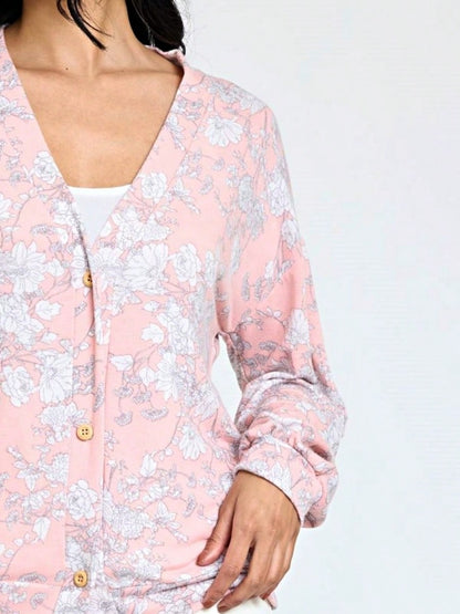 Boho Retro Peach Khaki Beige Floral Button  Puff Drop Shoulder Light Weight Terry Cardigan Small To 3 XL PLUS