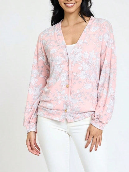 Boho Retro Peach Khaki Beige Floral Button  Puff Drop Shoulder Light Weight Terry Cardigan Small To 3 XL PLUS