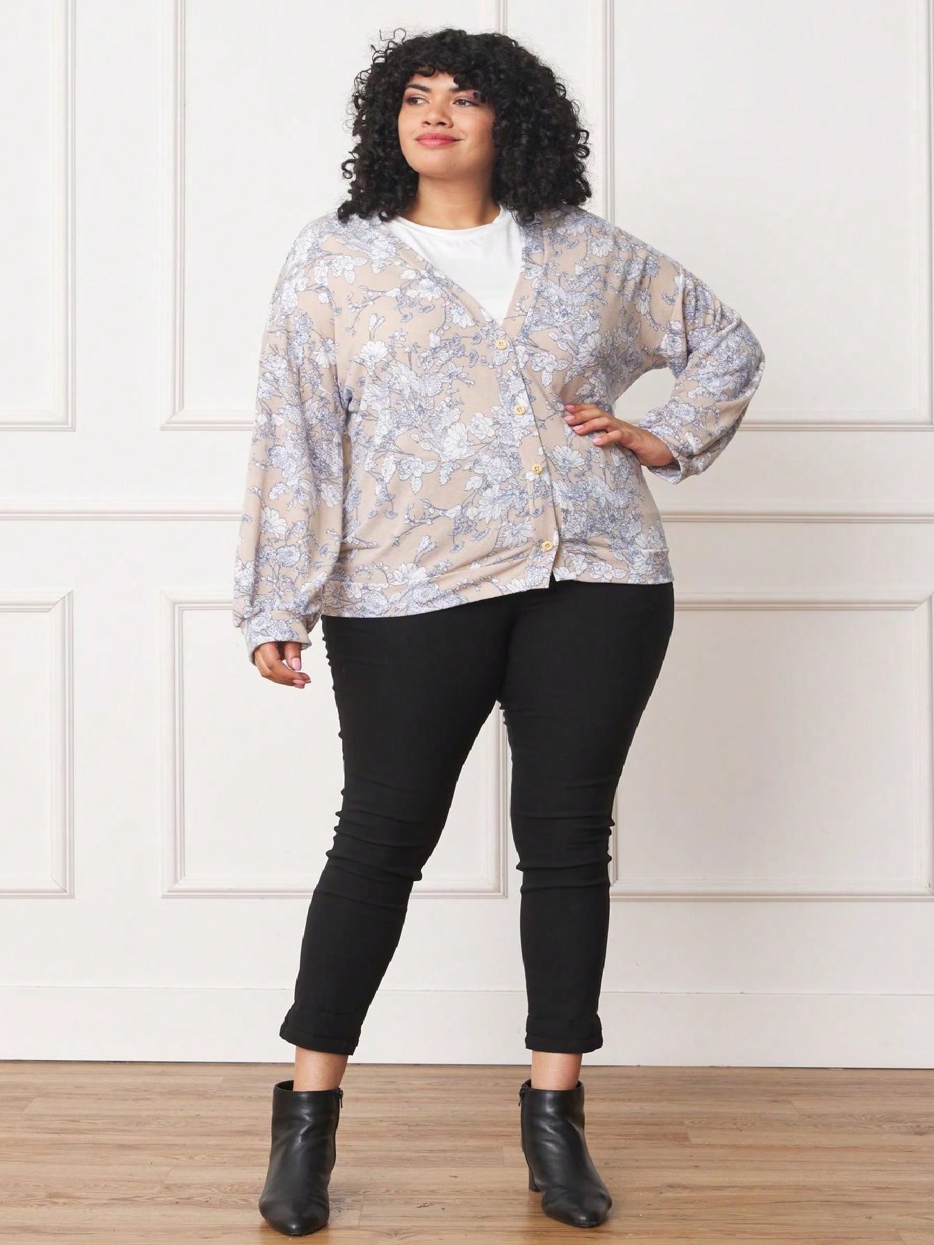 Boho Retro Peach Khaki Beige Floral Button  Puff Drop Shoulder Light Weight Terry Cardigan Small To 3 XL PLUS