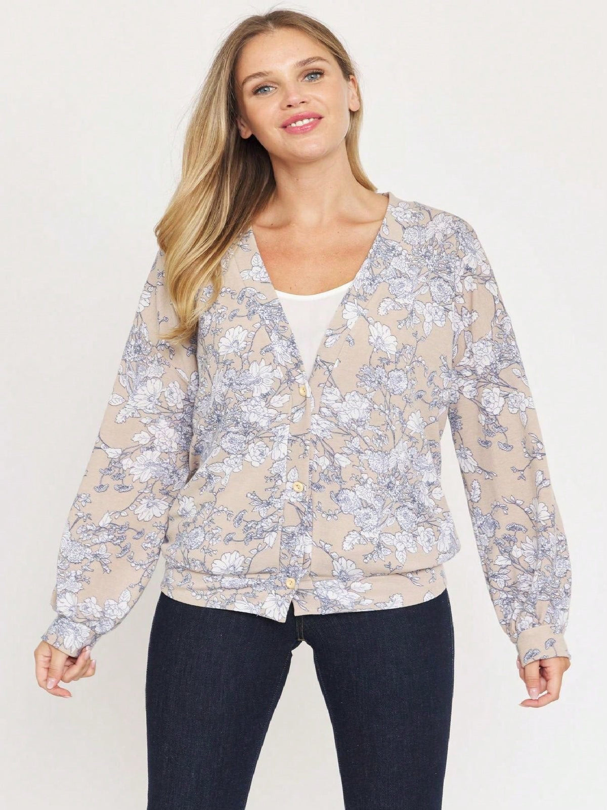 Boho Retro Peach Khaki Beige Floral Button  Puff Drop Shoulder Light Weight Terry Cardigan Small To 3 XL PLUS