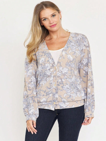 Boho Retro Peach Khaki Beige Floral Button  Puff Drop Shoulder Light Weight Terry Cardigan Small To 3 XL PLUS