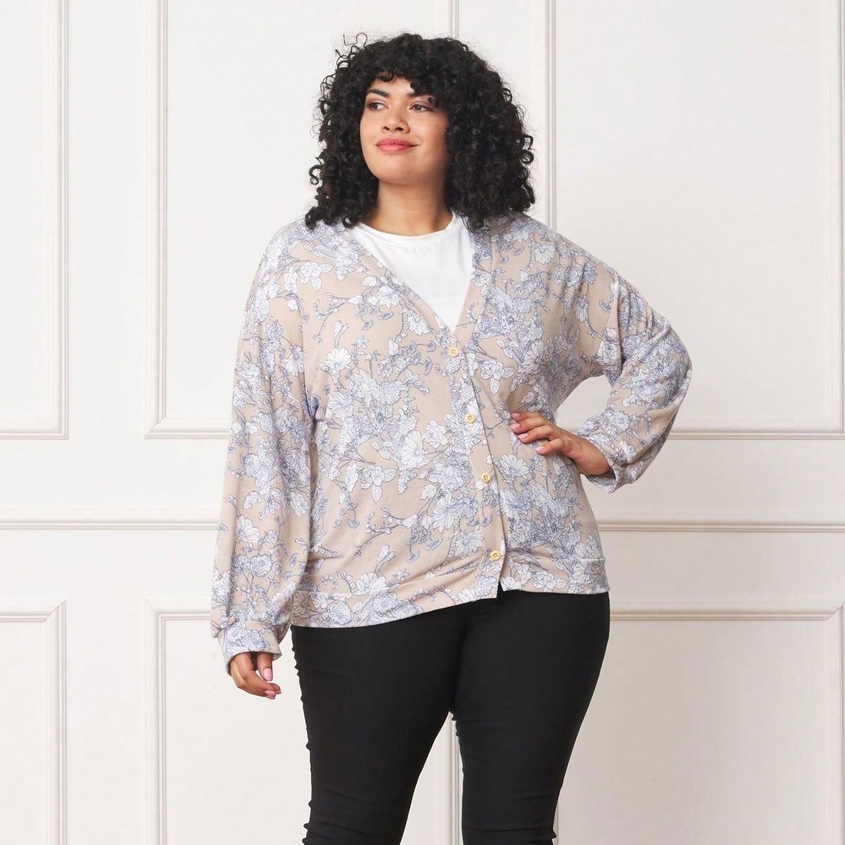 Boho Retro Peach Khaki Beige Floral Button  Puff Drop Shoulder Light Weight Terry Cardigan Small To 3 XL PLUS