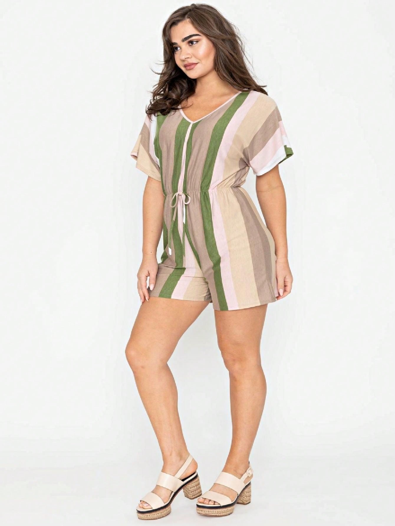 Boho Casual Orange Stripe Olive Green Leaf Tropical Drawstring Short Romper Small To 3 XL PLUS