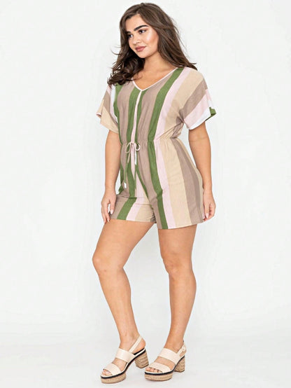 Boho Casual Orange Stripe Olive Green Leaf Tropical Drawstring Short Romper Small To 3 XL PLUS