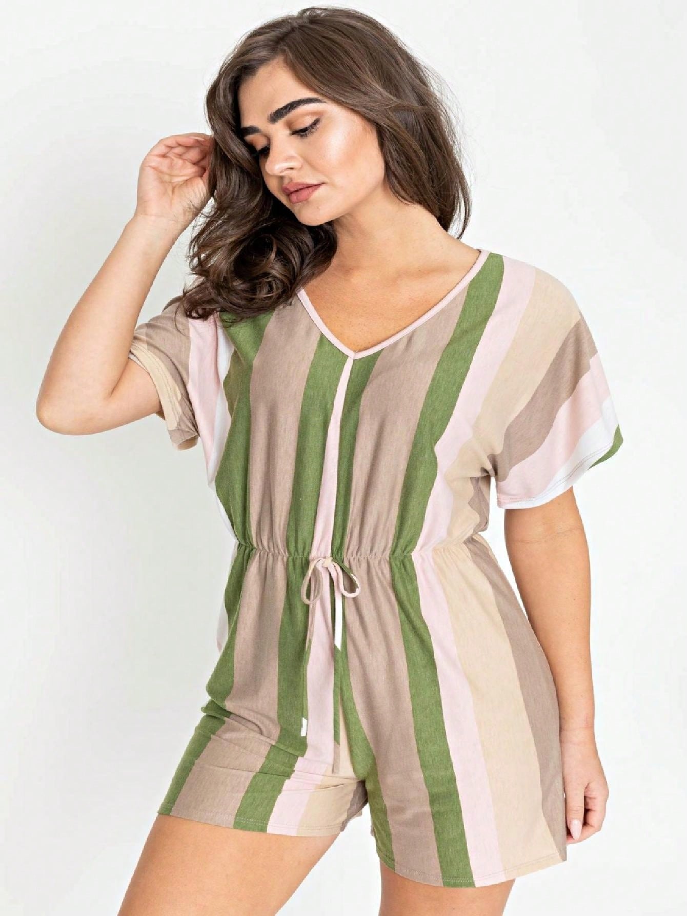 Boho Casual Orange Stripe Olive Green Leaf Tropical Drawstring Short Romper Small To 3 XL PLUS