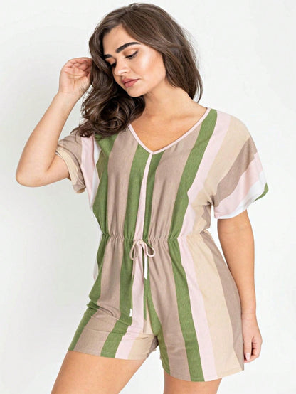 Boho Casual Orange Stripe Olive Green Leaf Tropical Drawstring Short Romper Small To 3 XL PLUS