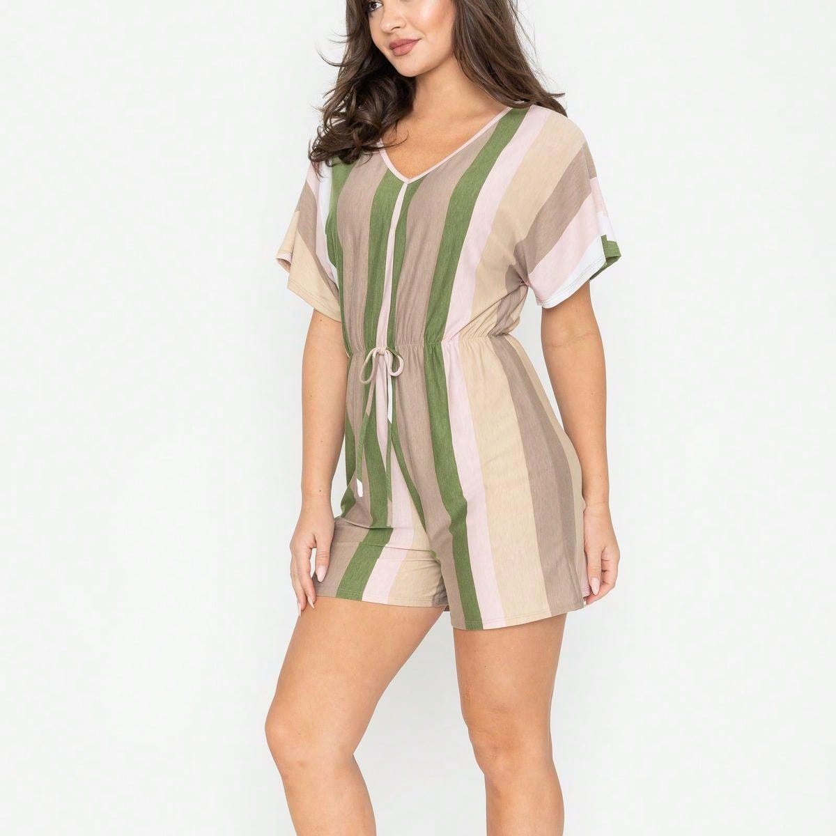 Boho Casual Orange Stripe Olive Green Leaf Tropical Drawstring Short Romper Small To 3 XL PLUS