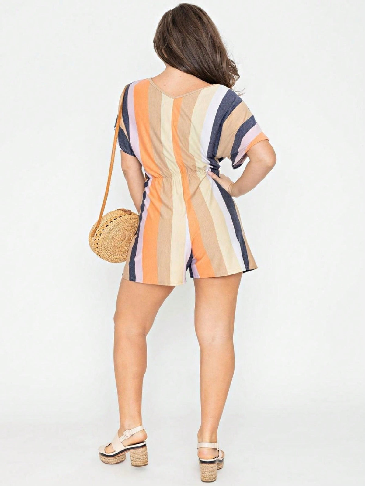 Boho Casual Orange Stripe Olive Green Leaf Tropical Drawstring Short Romper Small To 3 XL PLUS