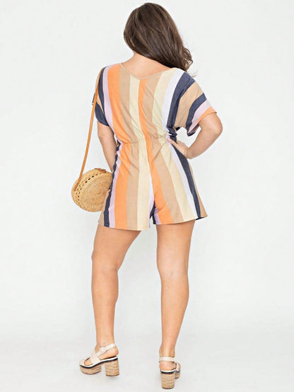 Boho Casual Orange Stripe Olive Green Leaf Tropical Drawstring Short Romper Small To 3 XL PLUS