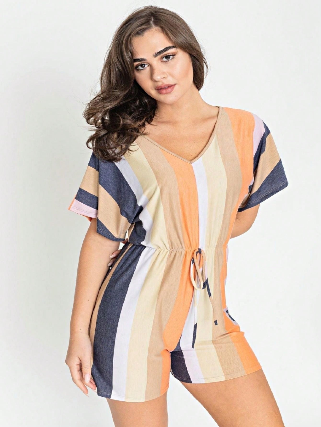 Boho Casual Orange Stripe Olive Green Leaf Tropical Drawstring Short Romper Small To 3 XL PLUS