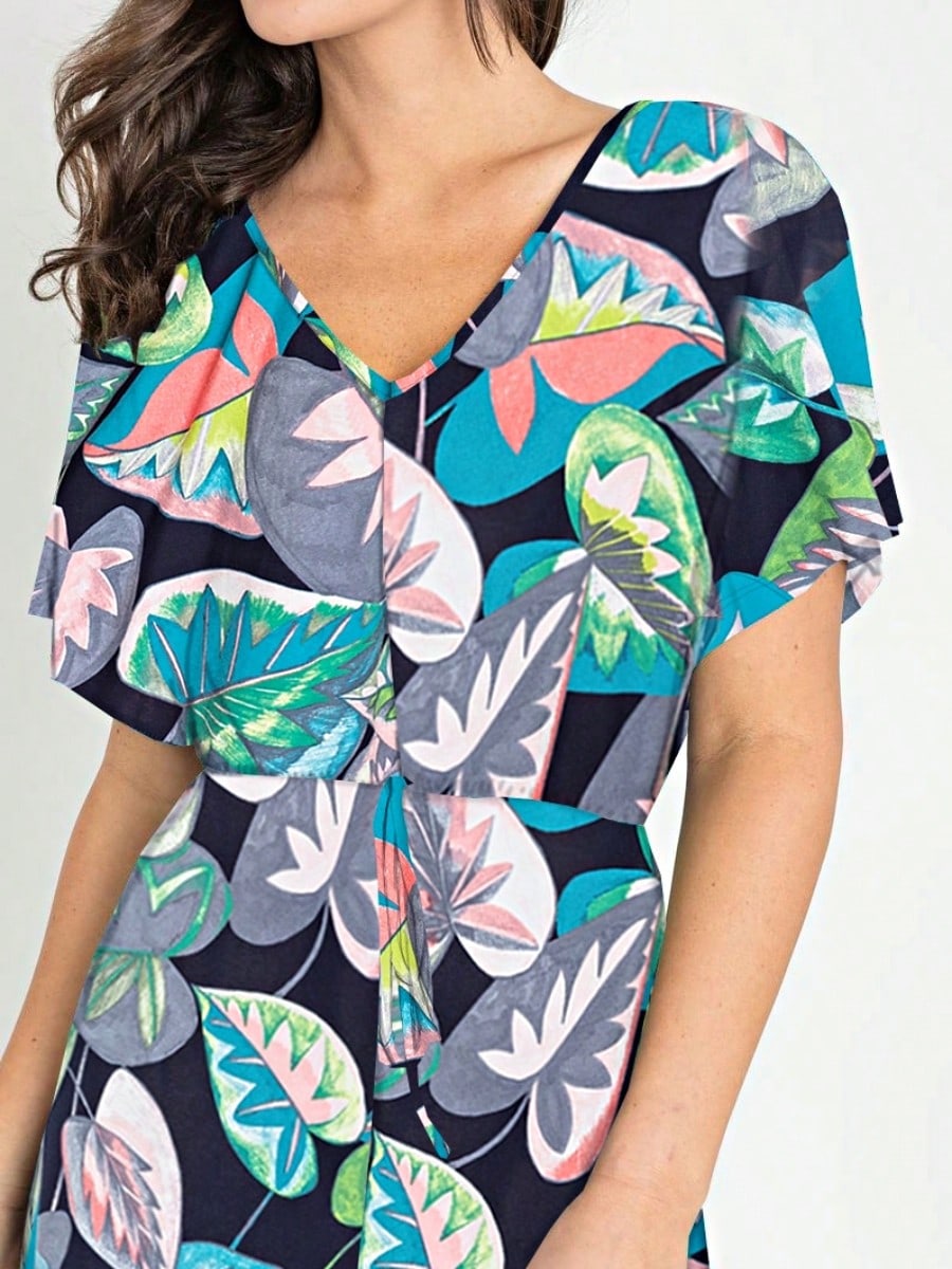 Boho Casual Orange Stripe Olive Green Leaf Tropical Drawstring Short Romper Small To 3 XL PLUS
