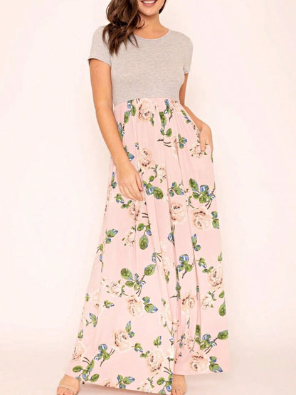 Boho Retro Multi Ditsy Floral Stripe Blue Charcoal Black Coral Short Sleeve Maxi Long Dress With Pocket | S-3X