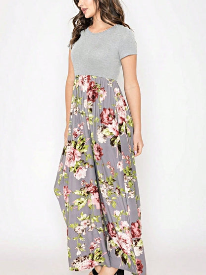 Boho Retro Multi Ditsy Floral Stripe Blue Charcoal Black Coral Short Sleeve Maxi Long Dress With Pocket | S-3X