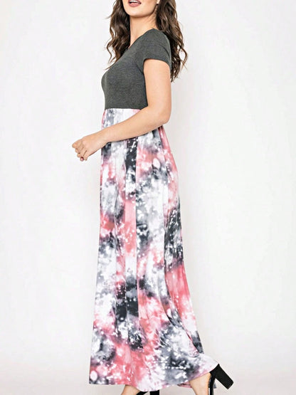 Boho Retro Multi Ditsy Floral Stripe Blue Charcoal Black Coral Short Sleeve Maxi Long Dress With Pocket | S-3X