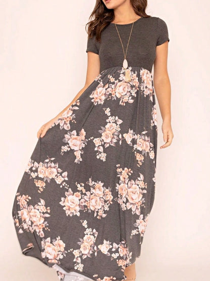 Boho Retro Multi Ditsy Floral Stripe Blue Charcoal Black Coral Short Sleeve Maxi Long Dress With Pocket | S-3X