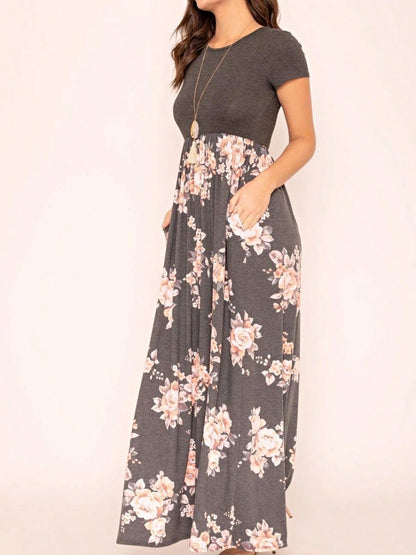 Boho Retro Multi Ditsy Floral Stripe Blue Charcoal Black Coral Short Sleeve Maxi Long Dress With Pocket | S-3X