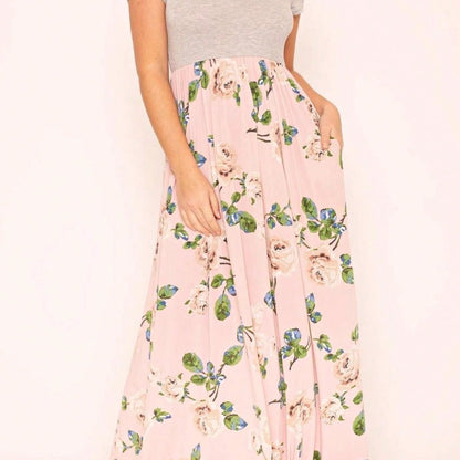 Boho Retro Multi Ditsy Floral Stripe Blue Charcoal Black Coral Short Sleeve Maxi Long Dress With Pocket | S-3X