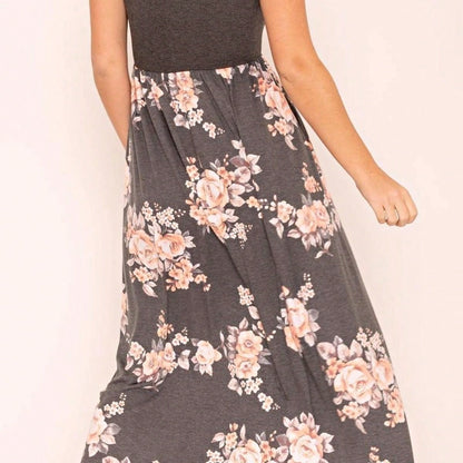 Boho Retro Multi Ditsy Floral Stripe Blue Charcoal Black Coral Short Sleeve Maxi Long Dress With Pocket | S-3X
