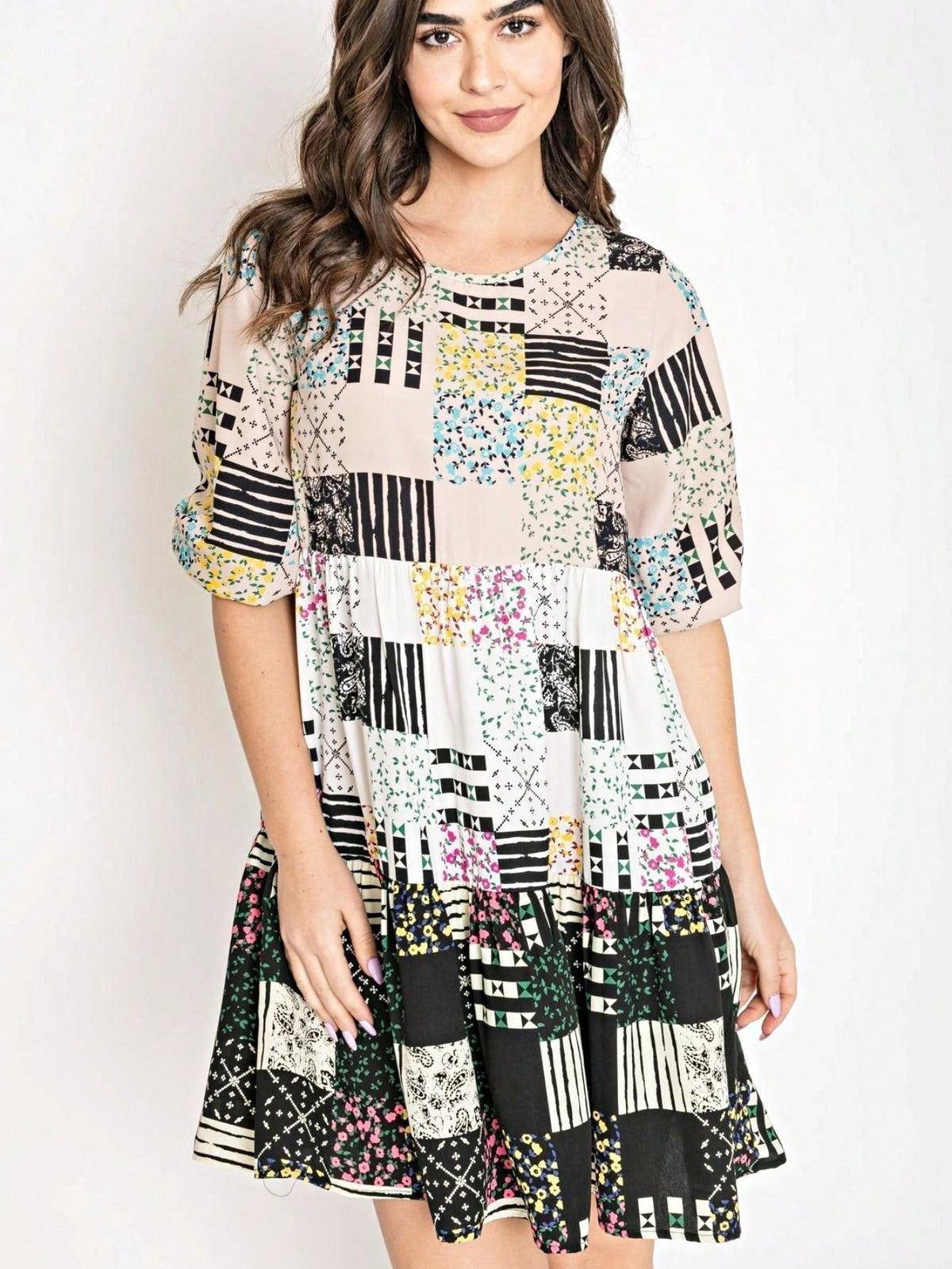 Boho Retro Tiered Tab Sleeve Beige Cream  Tiered Ruffle Swing Woven Dress Small To 3XL Plus