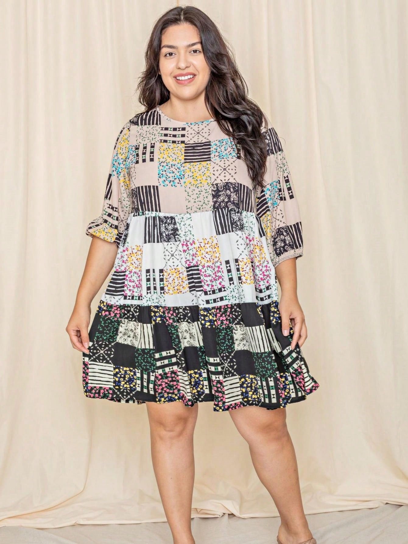 Boho Retro Tiered Tab Sleeve Beige Cream  Tiered Ruffle Swing Woven Dress Small To 3XL Plus