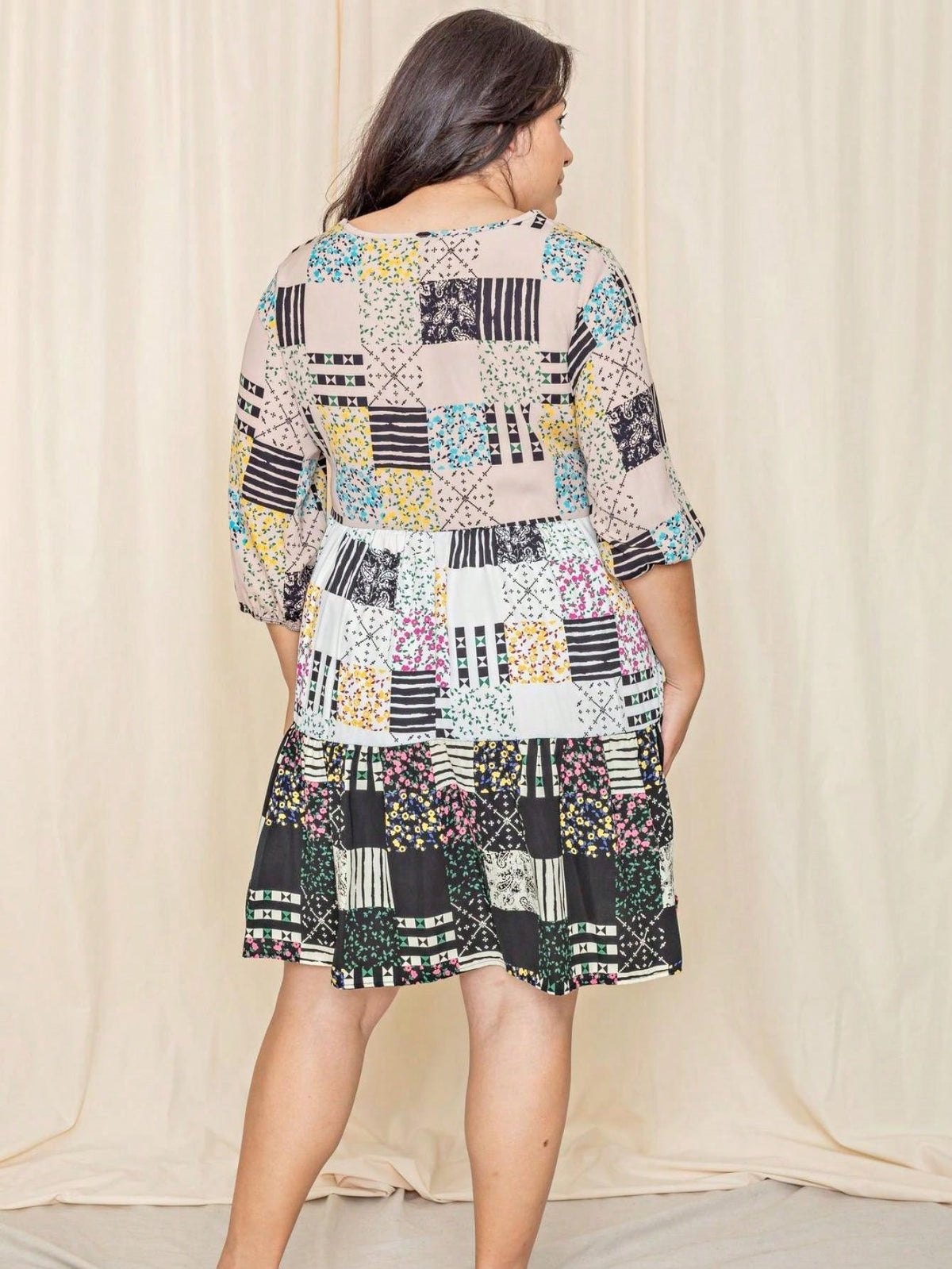 Boho Retro Tiered Tab Sleeve Beige Cream  Tiered Ruffle Swing Woven Dress Small To 3XL Plus