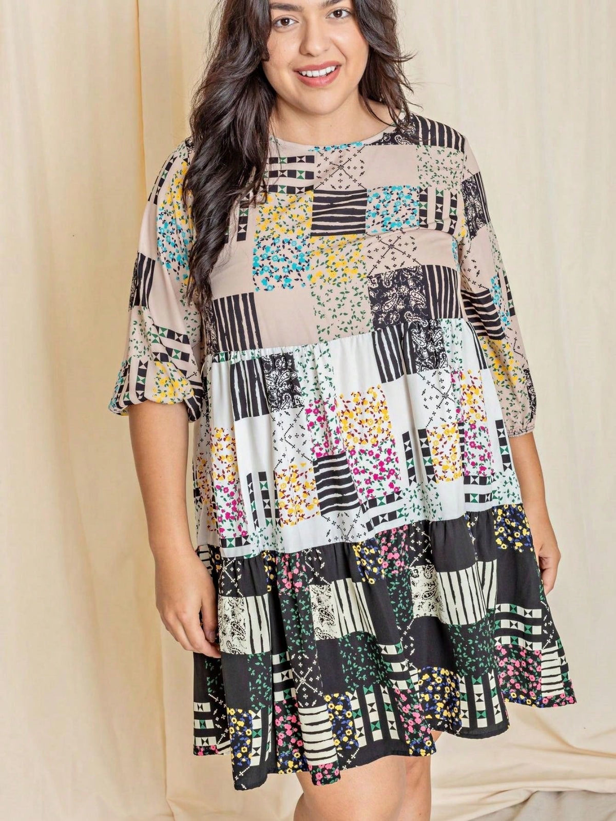 Boho Retro Tiered Tab Sleeve Beige Cream  Tiered Ruffle Swing Woven Dress Small To 3XL Plus