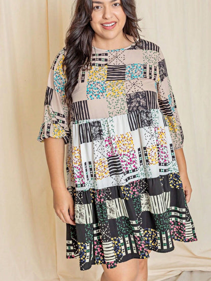 Boho Retro Tiered Tab Sleeve Beige Cream  Tiered Ruffle Swing Woven Dress Small To 3XL Plus