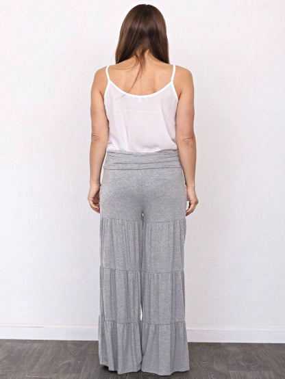 Fold Over Band Wide Leg Tiered Soft Long Lounge Pants