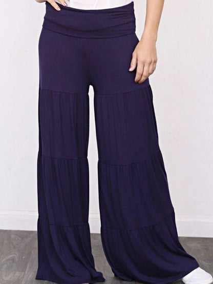 Fold Over Band Wide Leg Tiered Soft Long Lounge Pants
