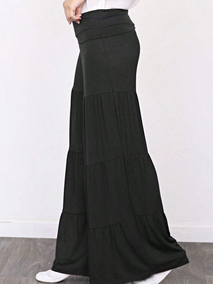 Fold Over Band Wide Leg Tiered Soft Long Lounge Pants